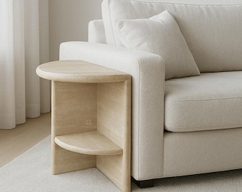 Luxury Side Table - Beige Travertine – Modern Minimalist Stone Accent Bespoke Table – A Useful Table for Living Room or Bedroom “HALO”