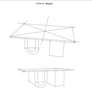 May include: A sketch of a table design, showing a rectangular tabletop supported by two different leg styles. One leg is a rounded U-shape, and the other is a square block. The top of the image reads "Products' Sketch."
