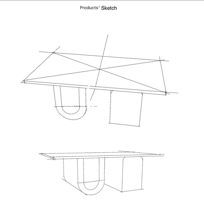 May include: A sketch of a table design, showing a rectangular tabletop supported by two different leg styles. One leg is a rounded U-shape, and the other is a square block. The top of the image reads "Products' Sketch."