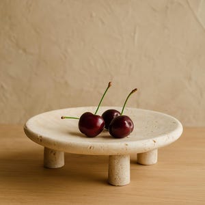 Natural Travertine Pedestal Stand – Handmade Beige Stone Riser for Cookies, Fruit, Candies, Decor – Minimalist Kitchen & Home Display