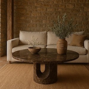 May include: A round dark brown marble coffee table with a central U-shaped pedestal base. On the table sits a small brown bowl with dried flowers and a larger brown ceramic vase containing green sprigs with a small embossed logo.