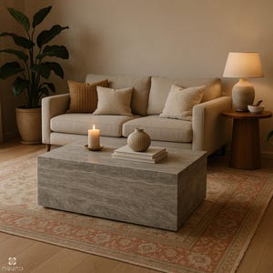 Pode incluir: Uma sala de estar com um sofá bege com almofadas, uma mesa de centro de mármore e um tapete estampado. Uma vela acesa, um vaso e livros estão sobre a mesa. Uma lâmpada e uma mesa lateral estão à direita. Uma grande planta em vaso está à esquerda.