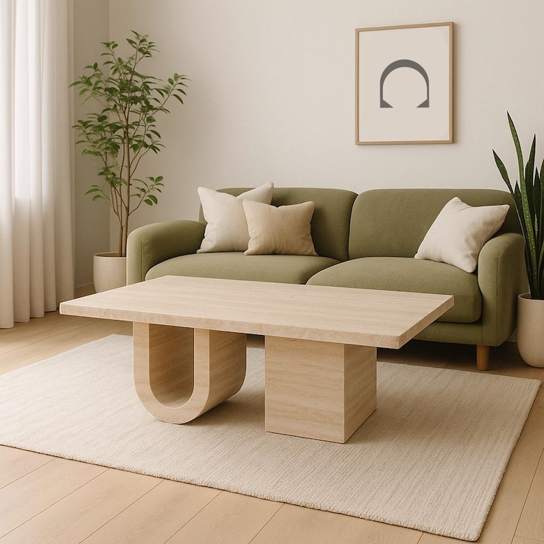 May include: A light-coloured rectangular coffee table with a distinctive U-shaped leg design. The table is made of light-coloured wood and sits on a beige rug in front of a green sofa with beige cushions. A framed print and potted plants complete the living room setting.