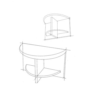 May include: A black and white line drawing of a semi-circular table with a lower shelf. The sketch shows the table from two different angles, highlighting the curved top, the flat back edge, and the vertical support structure connecting the two levels.