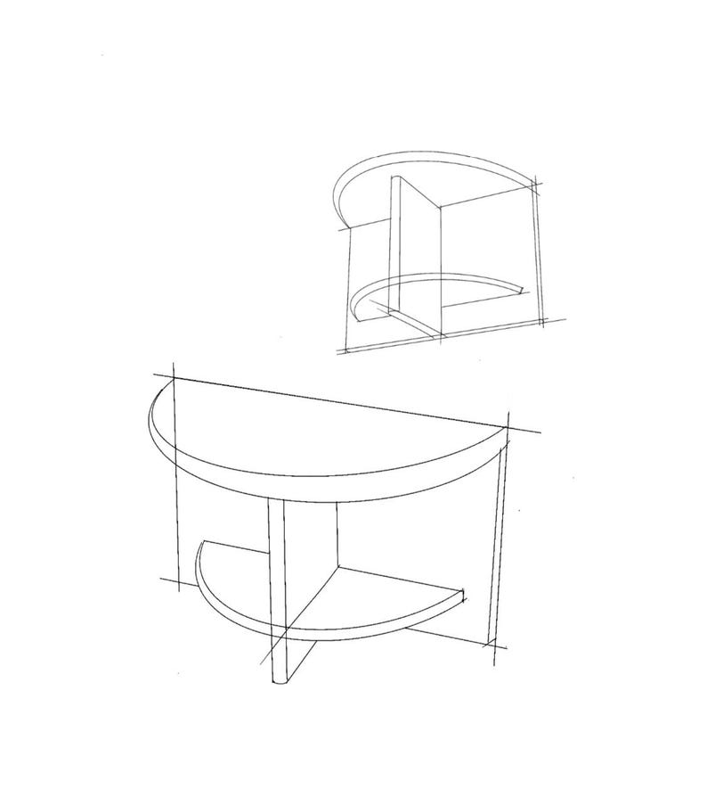 May include: A black and white line drawing of a semi-circular table with a lower shelf. The sketch shows the table from two different angles, highlighting the curved top, the flat back edge, and the vertical support structure connecting the two levels.
