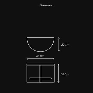 May include: A white line drawing on a black background showing dimensions for a semi-circular object and a rectangular object. The semi-circle is 20 cm high and 40 cm wide. The rectangular object below it has a height of 50 cm.