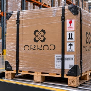 May include: A large cardboard shipping crate secured with black straps and clear plastic wrap, sitting on a wooden pallet. The crate features the black Arkad logo, fragile, this side up, and keep dry labels, plus a shipping label with a barcode.