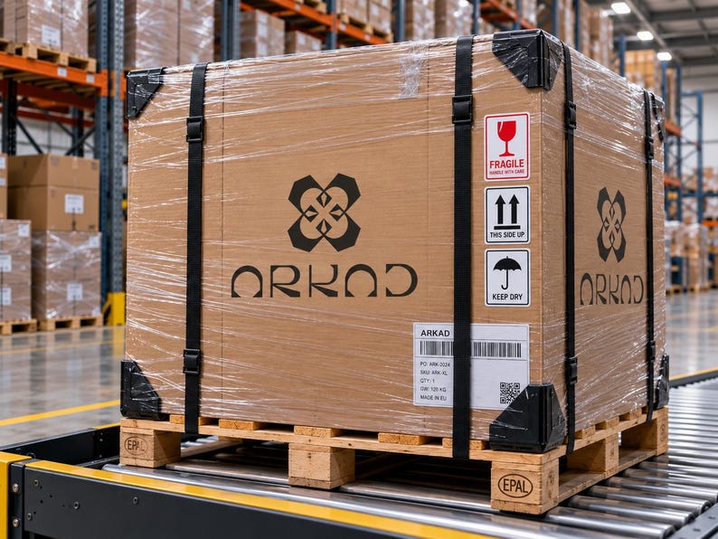 May include: A large cardboard shipping crate secured with black straps and clear plastic wrap, sitting on a wooden pallet. The crate features the black Arkad logo, fragile, this side up, and keep dry labels, plus a shipping label with a barcode.