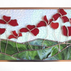 Poppies Stained Glass Panel CUSTOM Transom Red Flowers