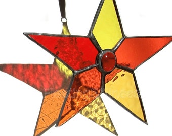 Star Suncatcher, Red Window Hanging, Stained Glass Sun Catcher