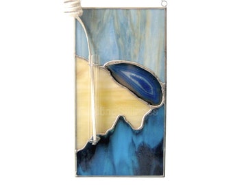 Wall Bud Vase, Mid Century Modern Suncatcher Blue Agate Custom Stained Glass