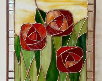 Mackintosh Roses Stained Glass Window Panel Red Flowers