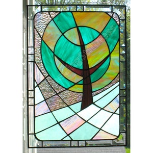 Modern Stained Glass Panel Landscape Tree Window Hanging