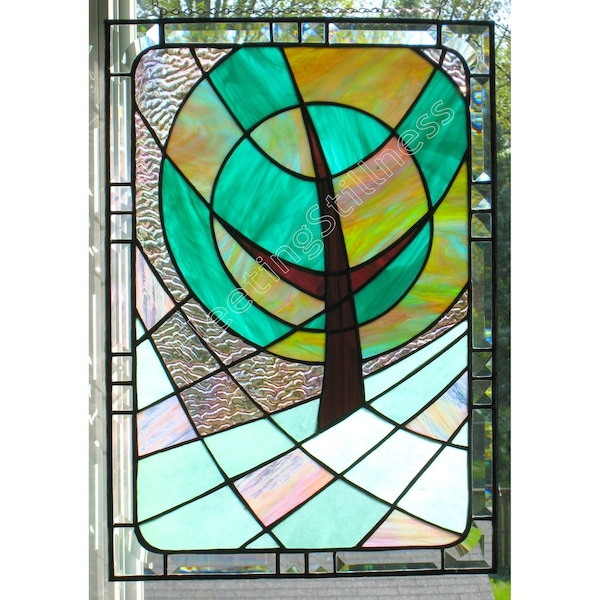 Modern Stained Glass Panel Landscape Tree Window Hanging