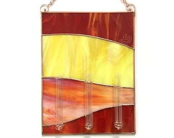 Red Wall Hanging Bud Vase, Custom Stained Glass Panel