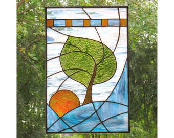 Stained Glass Panel Landscape - Windy Sunrise - Custom Stained Glass