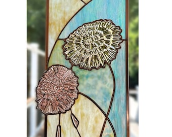 Chrysanthemums 3D Flower Stained Glass Window Panel Pink and Purple Bouquet