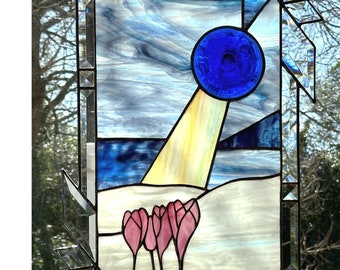 Blue Stained Glass Panel Window Hanging - Unlikely Hope - Spring Crocus Flowers