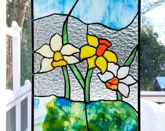 Daffodils Stained Glass Panel Window Hanging Gift Home Decor