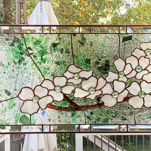 Stained Glass Dogwood Window Panel: White Flowers, Custom