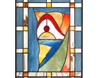 Abstract Stained Glass Panel Colorful Gift Mid Century Modern Handmade