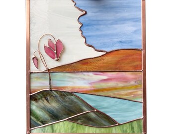 Stained Glass Panel Colorful Landscape with Cyclamen Flower