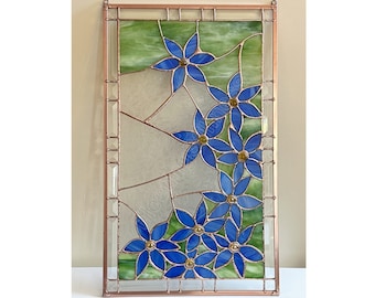 Clematis Stained Glass Window Panel Blue Flowers Gift Custom Stained Glass