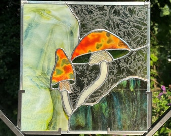 Orange Mushroom Stained Glass Panel: Retro Fantasy Handmade Window Art