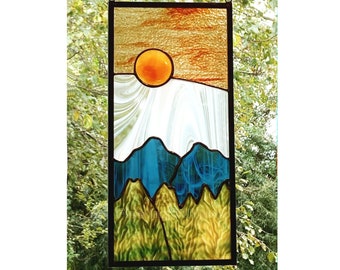 Mountains Forest Stained Glass Panel Sunset Sunrise Window Hanging Handmade