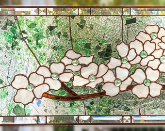 Stained Glass Dogwood Large Window Panel White Spring Flowers Custom Stained Glass