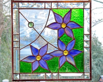 Blue Clematis Beveled Glass Stained Glass Window Hanging Gift MADE TO ORDER