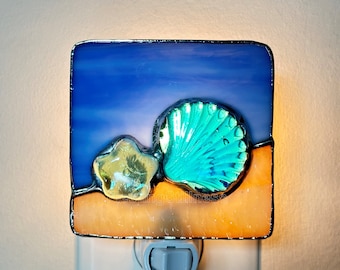 Night Light Blue Seashell, Stained Glass Night Light, Beach