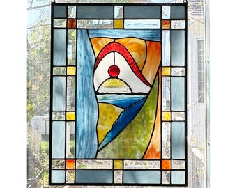 Abstract Mid Century Modern Stained Glass Panel Colorful Gift