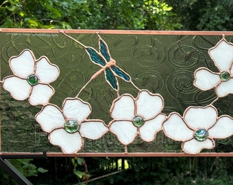 Dogwood Dragonfly Custom Stained Glass Panel Transom