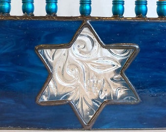 Star of David Menorah Stained Glass Menorah Blue Judaica Hanukkah Candle Holder