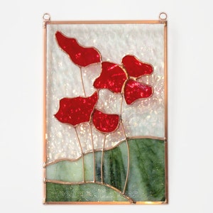 Poppies Stained Glass Suncatcher, Red Flowers Window Hanging