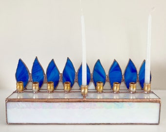 Blue Flames Menorah Stained Glass Menorah Blue Judaica Hanukkah Candle Holder