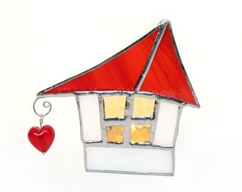 Whimsical Votive Candle Holder Stained Glass Red Roof House