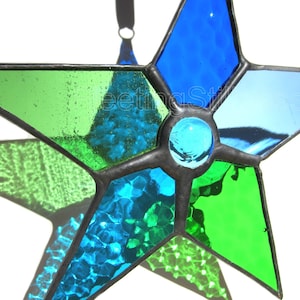 Blue Green Window Hanging, Stained Glass Star Suncatcher image 1