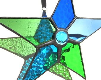 Blue Green Window Hanging, Stained Glass Star Suncatcher