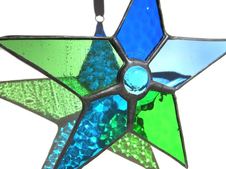 Blue Green Window Hanging, Stained Glass Star Suncatcher image 1