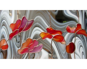 Red Tulips Stained Glass Panel Poppies Flowers - Custom Stained Glass