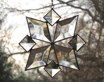 Beveled Glass Snowflake, Stained Glass Suncatcher, Beveled Star Window Hanging