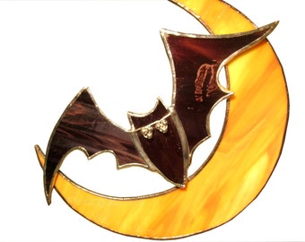 Halloween Decor Moon Bat Stained Glass Suncatcher Purple Bat Orange Moon