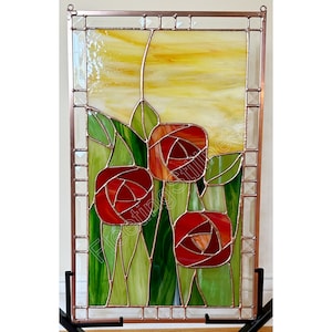 Red Roses Stained Glass Panel Flowers Unique Gift