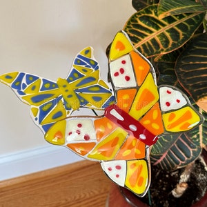 LARGE Butterfly Garden Stake Glass Figurine Flower Pot Outdoor Fused Glass Butterfly