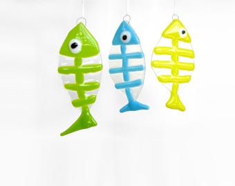 Glass Fish Skeleton Ornament Suncatcher Window Hanging Gift Fishing Halloween