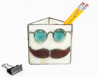 Glasses and Mustache Pencil Holder for Him Stained Glass