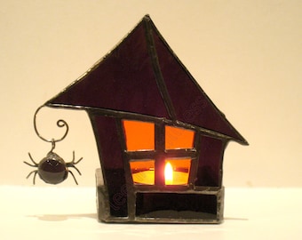 Stained Glass Candle Holder Halloween Home Decor Goth Purple Orange Haunted House Gift