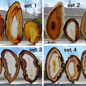 May include: Four sets of agate slices, each set featuring different colors and patterns. The sets are labeled "set 1", "set 2", "set 3", and "set 4".